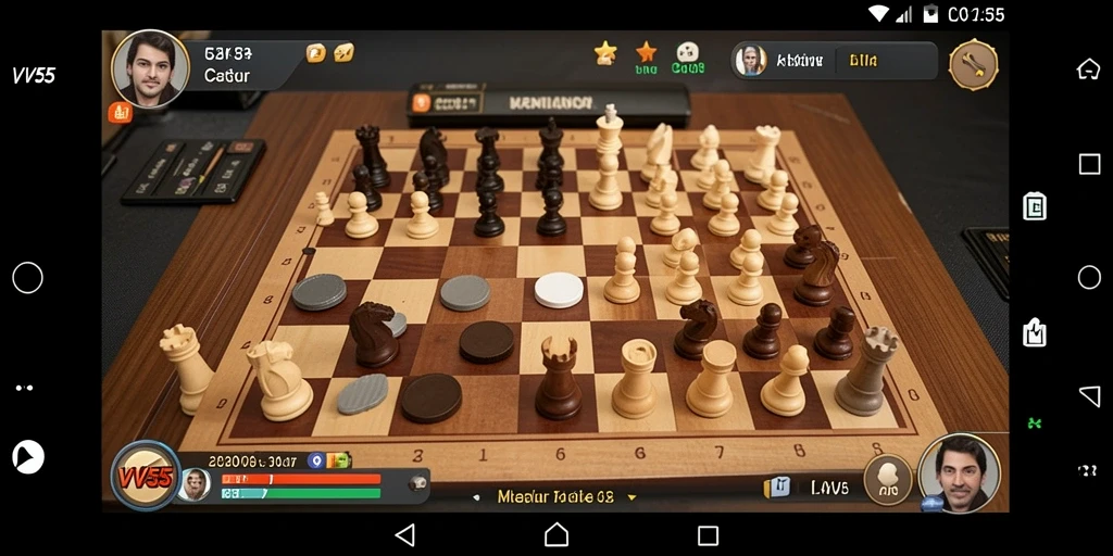 Antarmuka <strong>VV55</strong> menampilkan papan catur yang modern dan interaktif.